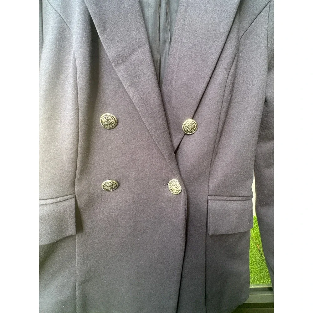 Willow & Clay Navy Blue Double Breasted Blazer Silver Crest Button Jacket XS NEW
